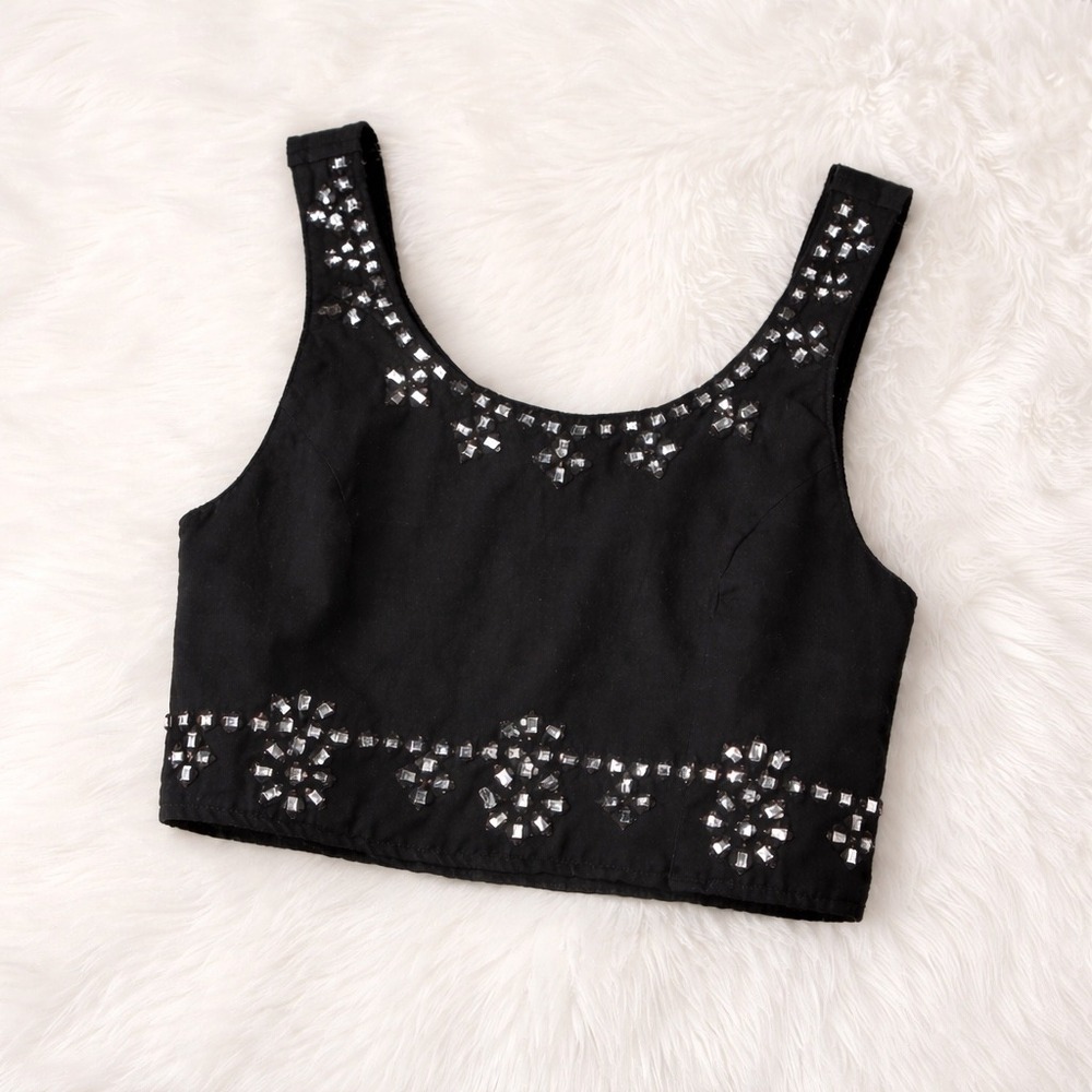 Midnight Sky Womens Black Mirror Foil Crop Top Large Boho Indie Whimsigoth Edgy